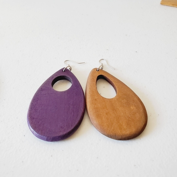 Two Pairs of Chunky Wooden Dangle Earrings Oversized Dangle Boho Retro - Picture 13 of 14